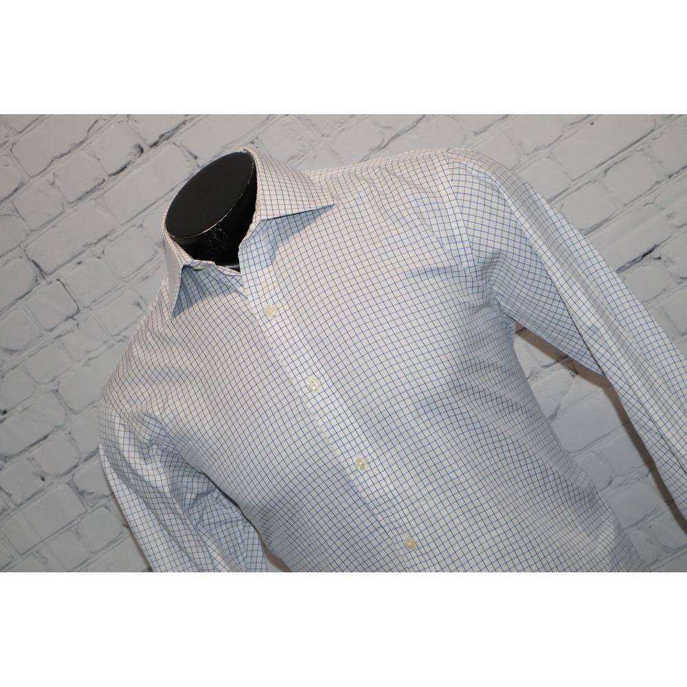 TM Lewin Dress Shirt Mens Medium 15.5 34/35 White Blue Grid Check Luxury Cotton